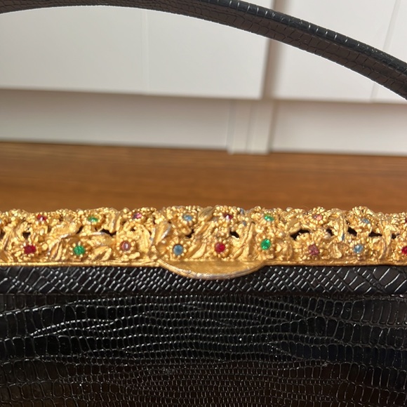 Meyers Made in USA 1960's Handbag Vintage Hard Shell Faux Lizard Gold Hardware - Picture 2 of 4
